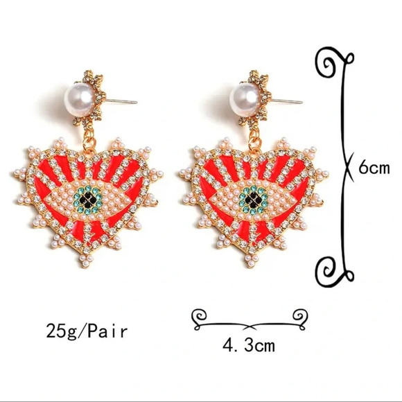 Anthropologie Red Evil Eye Protection Heart Crystal Earrings - Picture 9 of 12